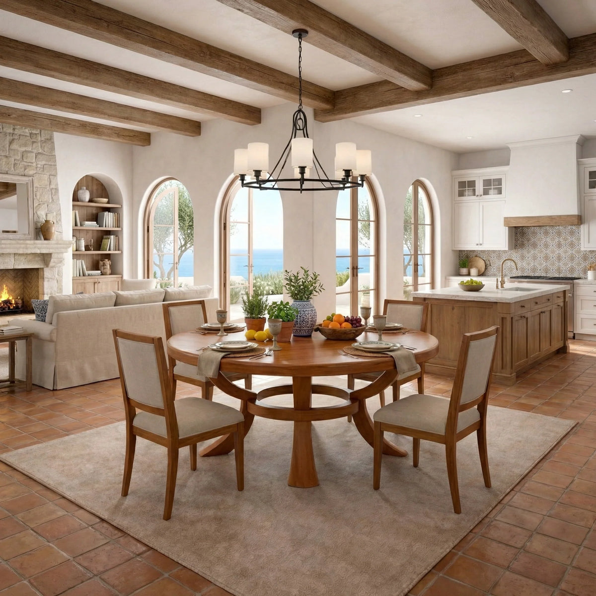 Large Round Solid Wood Dining Table with Sculptural Pedestal Base