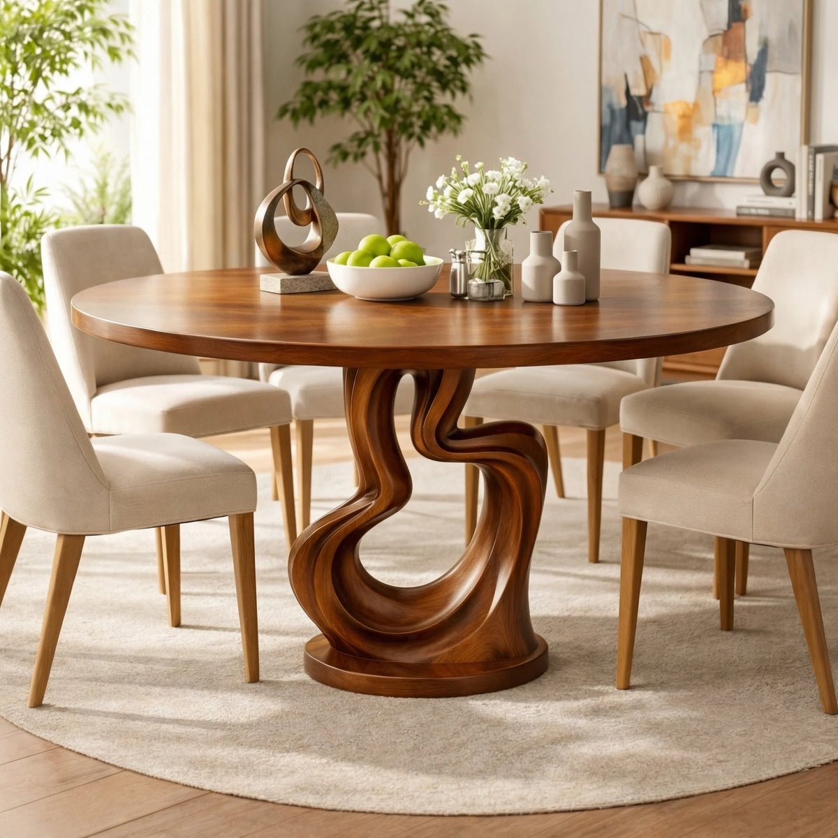 Round Solid Wood Dining Table with Sculptural Twisted Pedestal Base