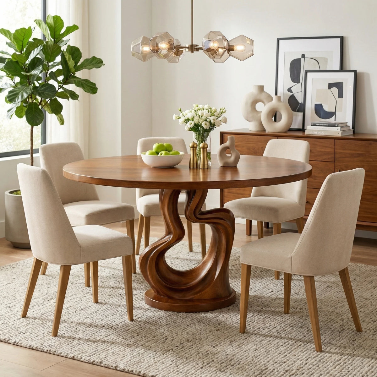 Round Solid Wood Dining Table with Sculptural Twisted Pedestal Base