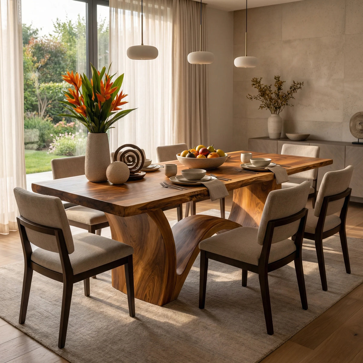 Live Edge Solid Wood Dining Table with Sculptural Curved Base