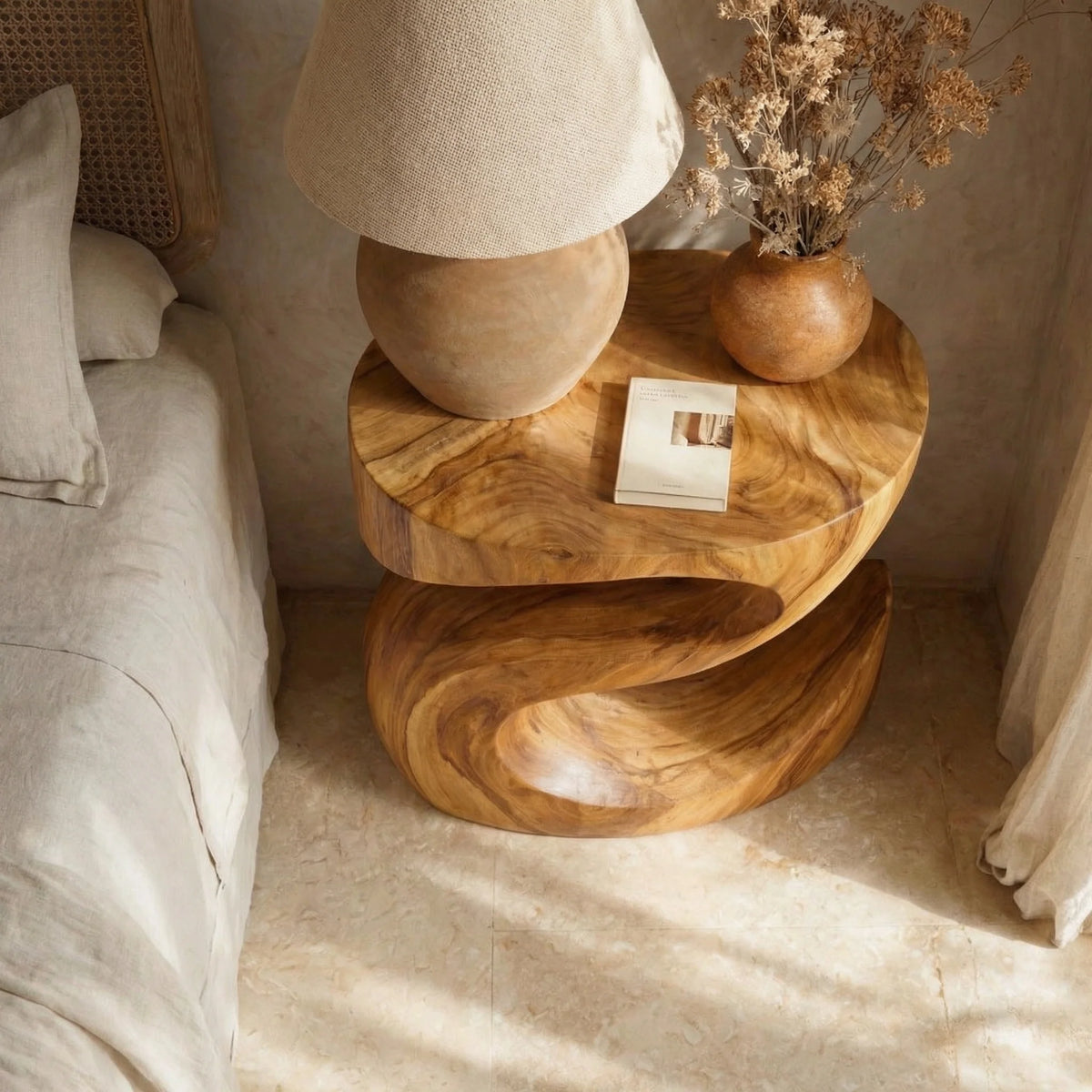 Handcrafted Solid Wood Bedside Table with Sculptural Curved Base