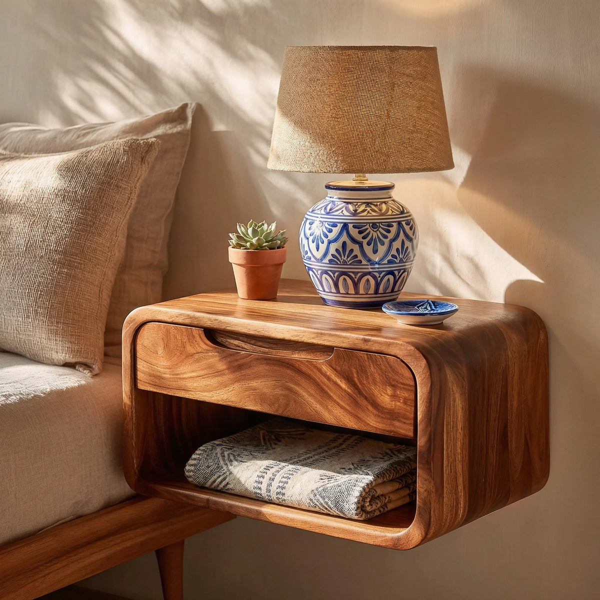 Handcrafted Solid Wood Floating Nightstand with Drawer and Open Shelf Storage