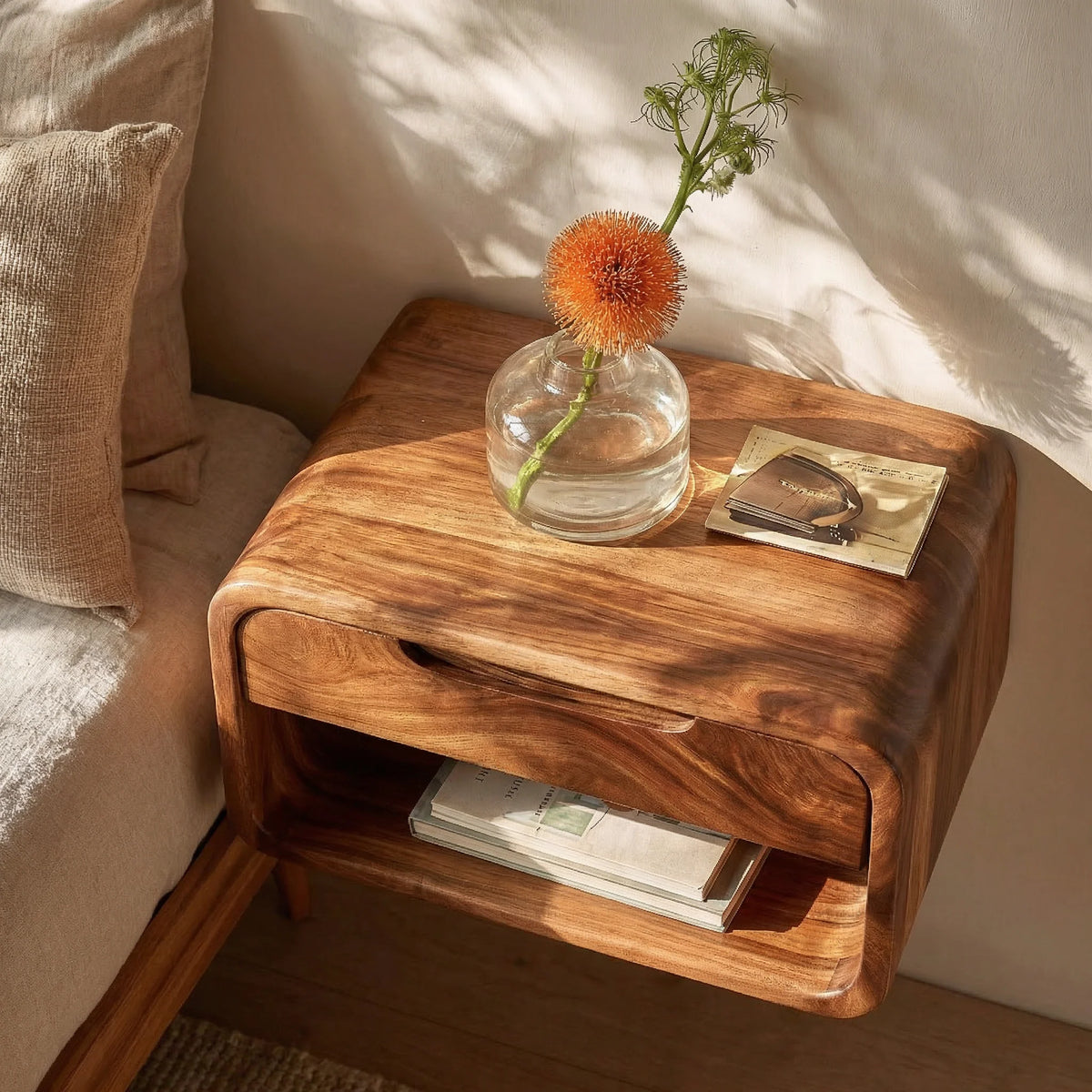 Handcrafted Solid Wood Floating Nightstand with Drawer and Open Shelf Storage