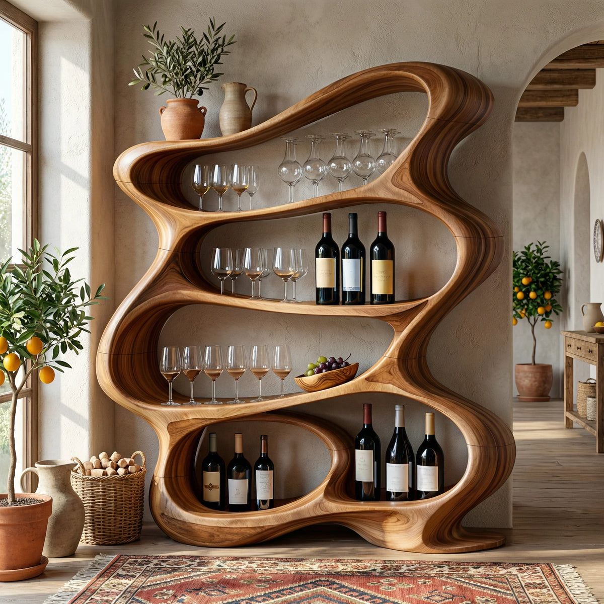 Handcrafted Solid Wood Wine Rack Cabinet with Sculptural Flowing Open Shelves