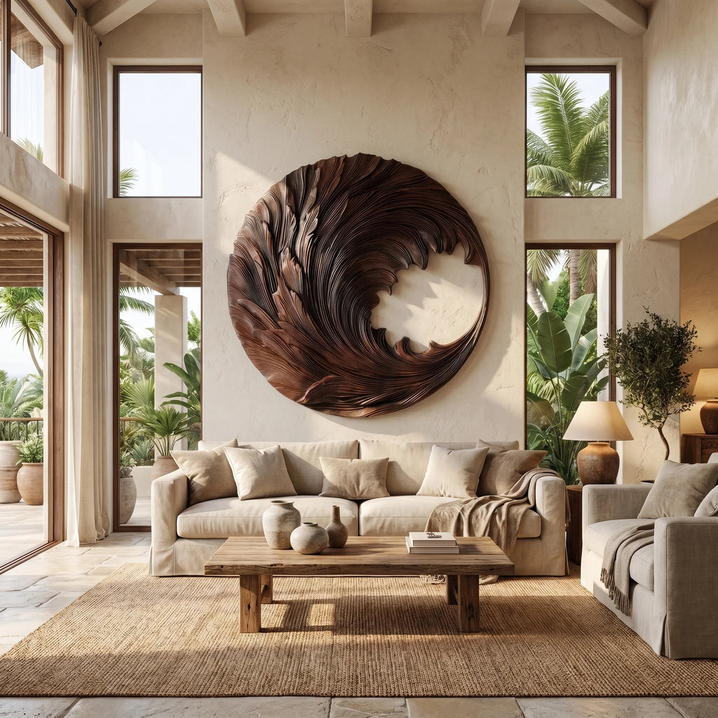 Round Solid Wood Wall Sculpture with Flowing Wave Design for Living Room Decor