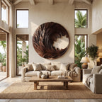 Round Solid Wood Wall Sculpture with Flowing Wave Design for Living Room Decor