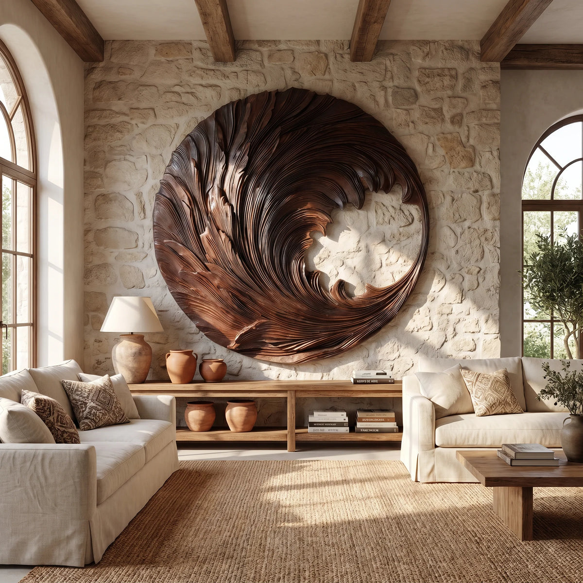 Round Solid Wood Wall Sculpture with Flowing Wave Design for Living Room Decor