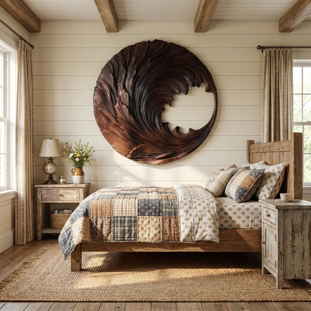 Round Solid Wood Wall Sculpture with Flowing Wave Design for Living Room Decor