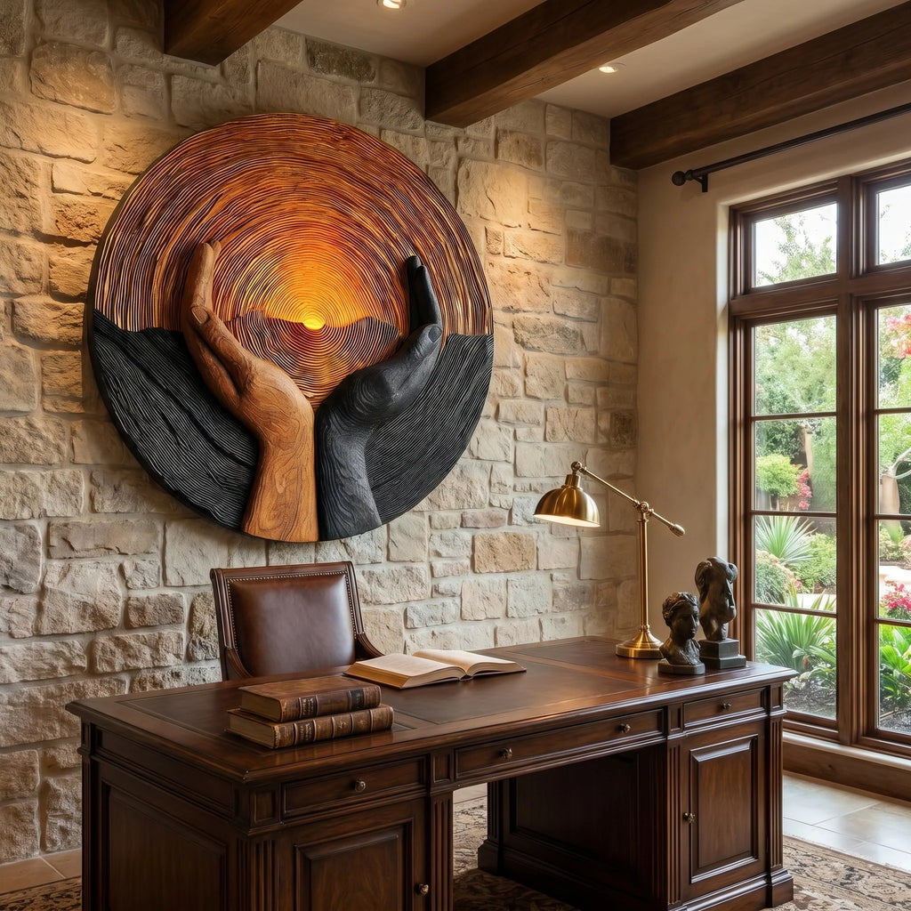 Solid Wood Wall Sculpture with Protective Hands and Rising Sun Relief Design