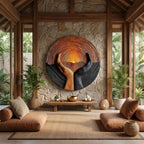 Solid Wood Wall Sculpture with Protective Hands and Rising Sun Relief Design