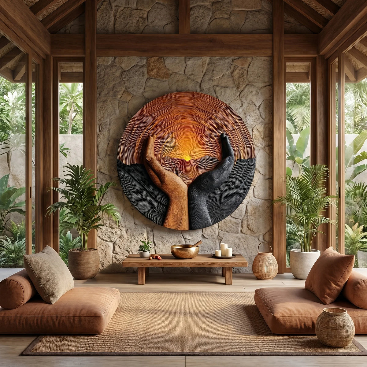 Solid Wood Wall Sculpture with Protective Hands and Rising Sun Relief Design