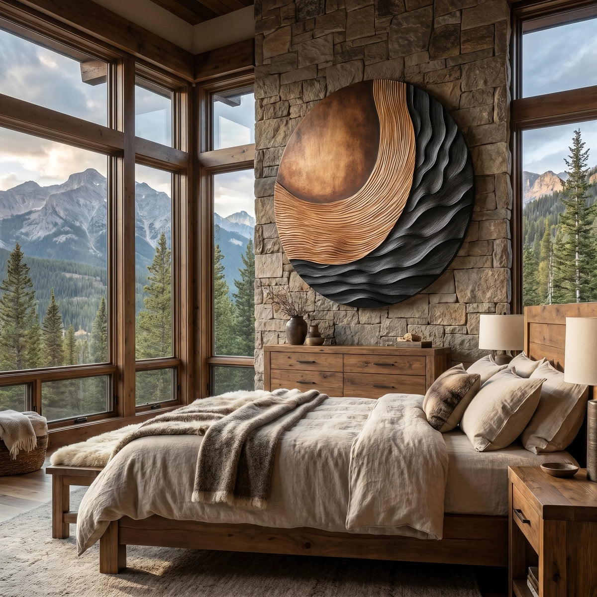 Handcrafted Solid Wood Wall Sculpture with Circular Relief and Flowing Wave Design