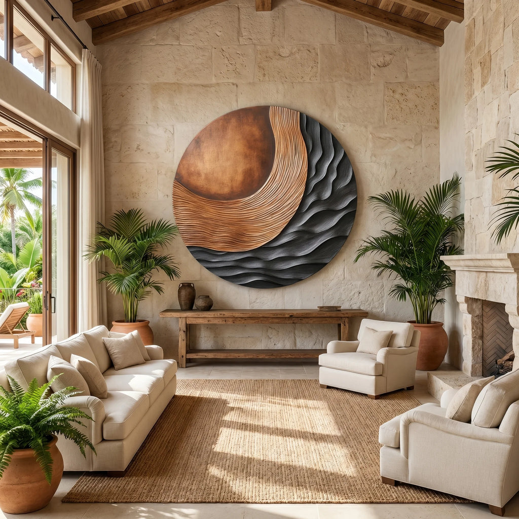 Handcrafted Solid Wood Wall Sculpture with Circular Relief and Flowing Wave Design