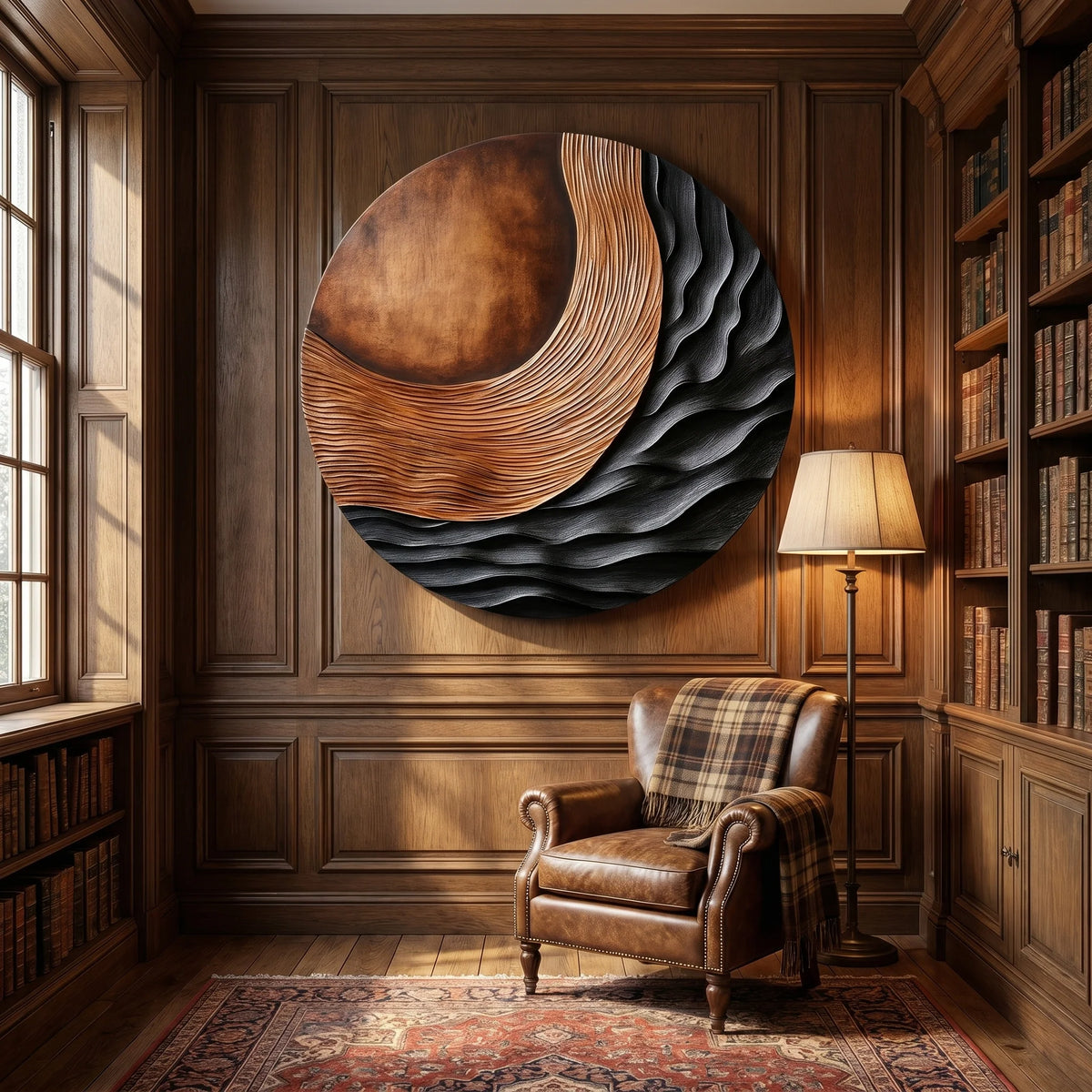 Handcrafted Solid Wood Wall Sculpture with Circular Relief and Flowing Wave Design