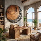 Handcrafted Solid Wood Wall Sculpture with Circular Relief and Flowing Wave Design
