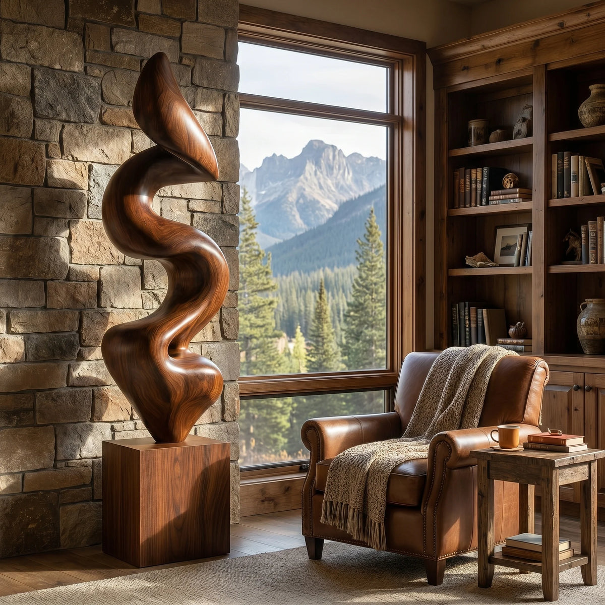 Handcrafted Solid Wood Ribbon Floor Sculpture – Modern Vertical Statement Art for Contemporary Interiors