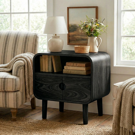 Solid Wood Nightstand with Double Door Cabinet and Open Shelf Storage