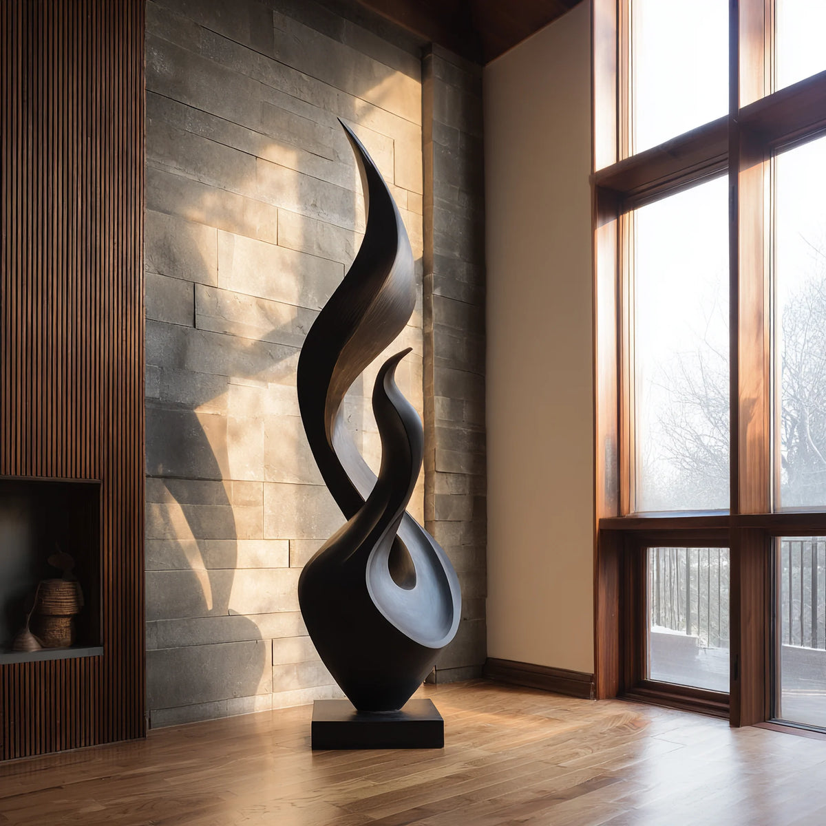 Tall Solid Wood Flame Sculpture – Modern Freestanding Decorative Art for Contemporary Interiors
