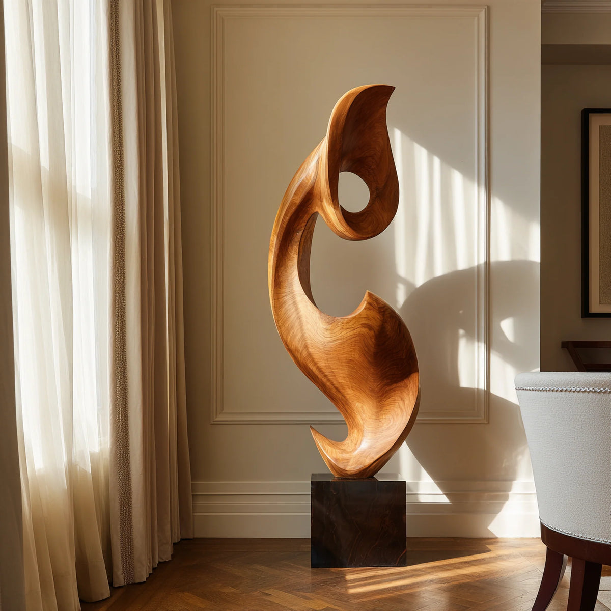 Tall Abstract Solid Wood Floor Sculpture with Plinth Base – Contemporary Statement Décor for Modern Interiors