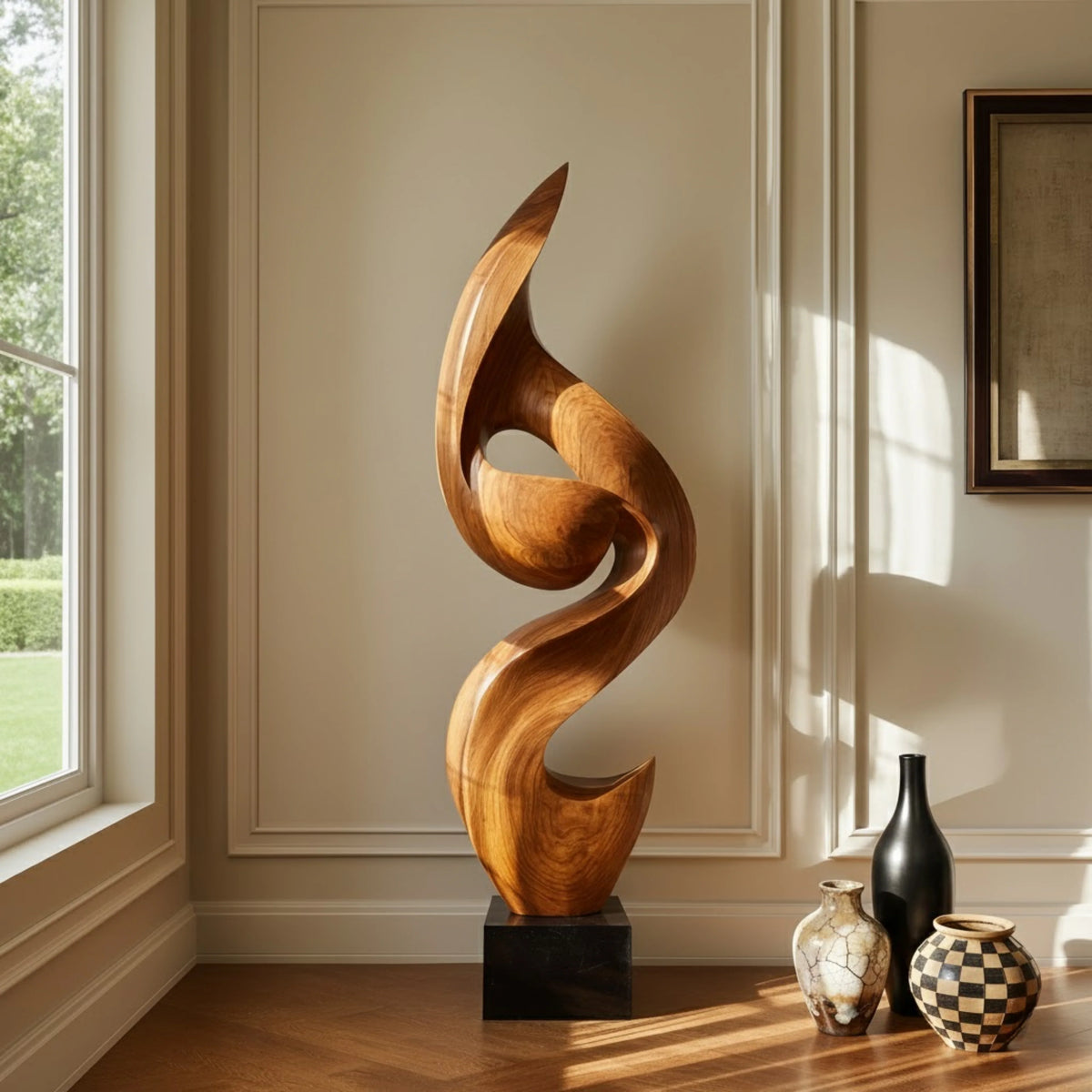 Tall Solid Wood Flowing Curve Floor Sculpture with Plinth Base – Modern Artistic Décor for Contemporary Interiors