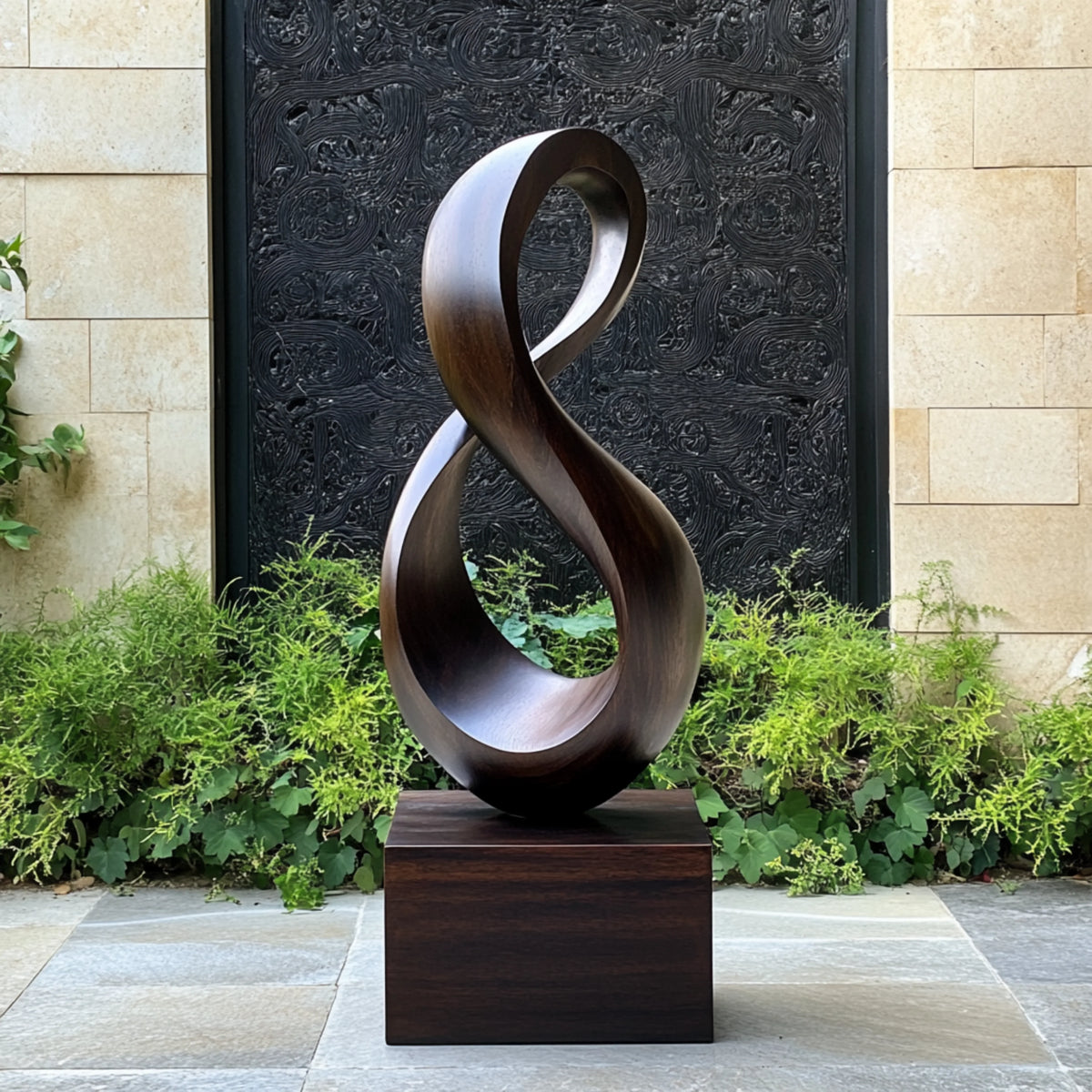 Tall Solid Wood Infinity Loop Sculpture with Plinth Base – Contemporary Statement Décor for Modern Interiors