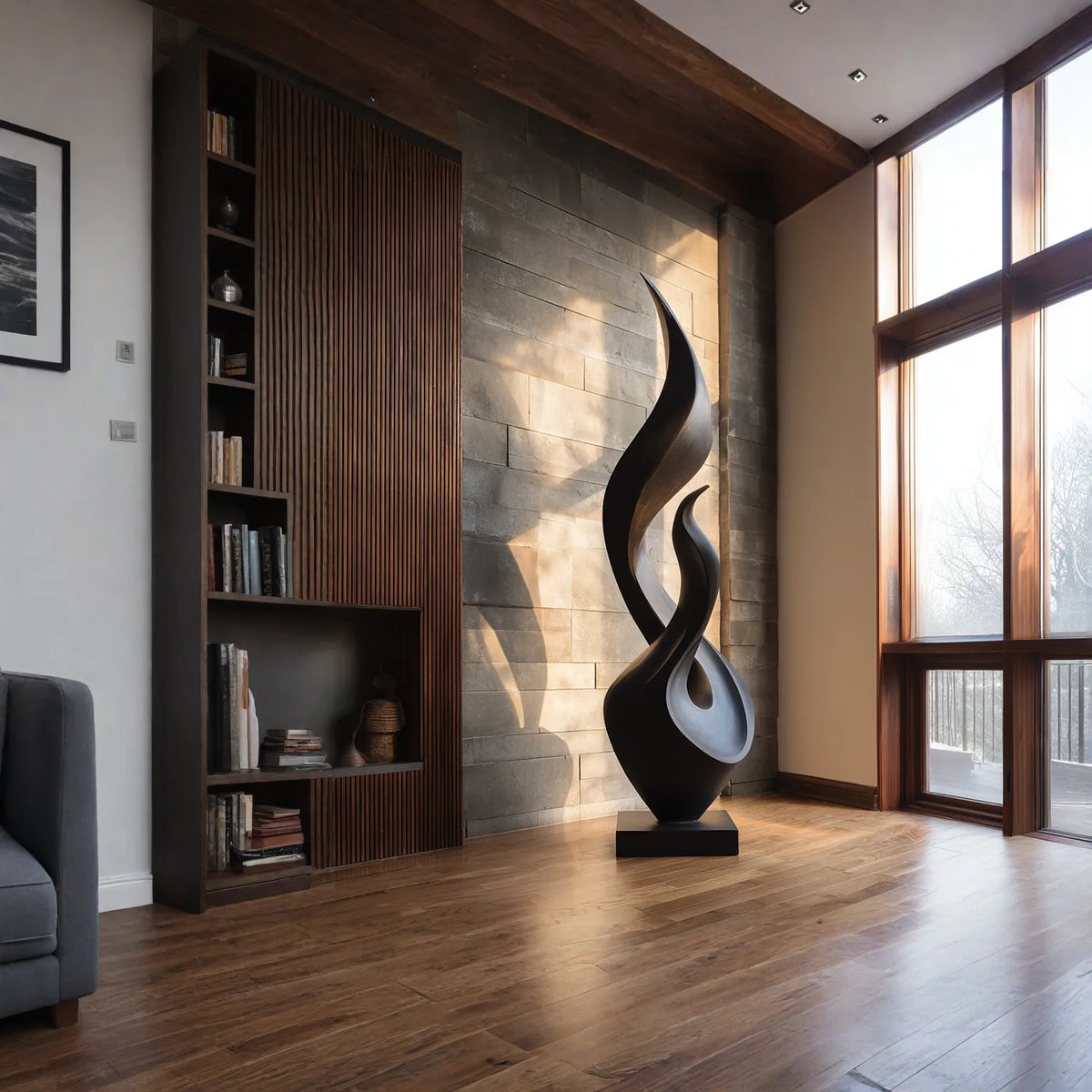 Tall Solid Wood Flame Sculpture – Modern Freestanding Decorative Art for Contemporary Interiors