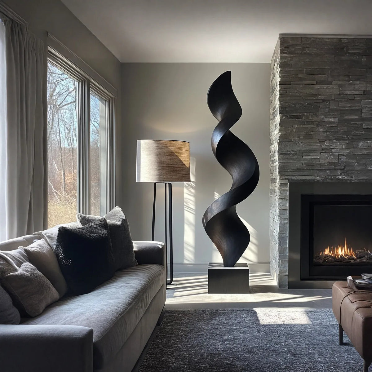Tall Solid Wood Spiral Floor Sculpture with Plinth Base – Modern Statement Décor for Living Rooms and Contemporary Interiors