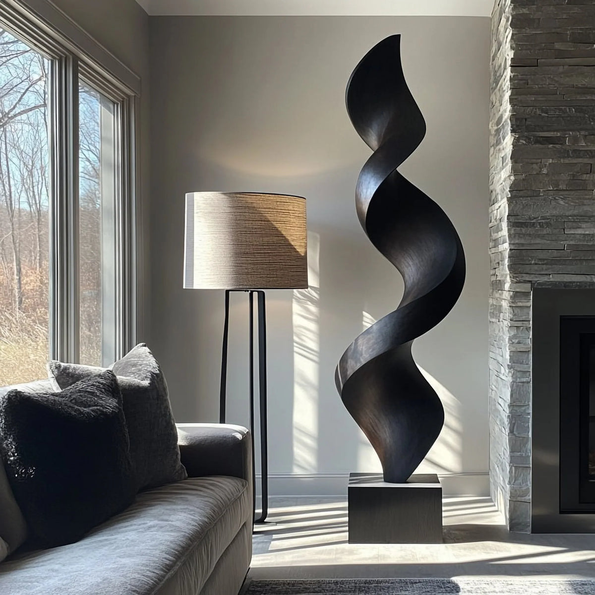 Tall Solid Wood Spiral Floor Sculpture with Plinth Base – Modern Statement Décor for Living Rooms and Contemporary Interiors