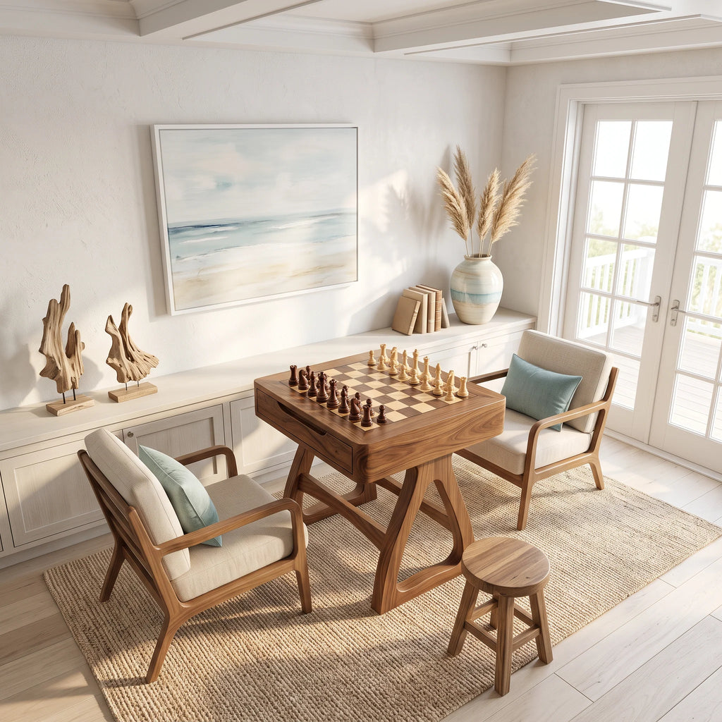 Sculptural Solid Wood Chess Table with Storage Drawer