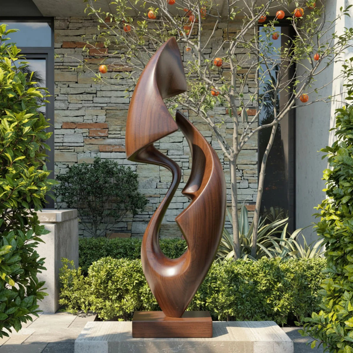 Organic Abstract Solid Wood Sculpture – Modern Decorative Art for Gardens and Contemporary Interiors