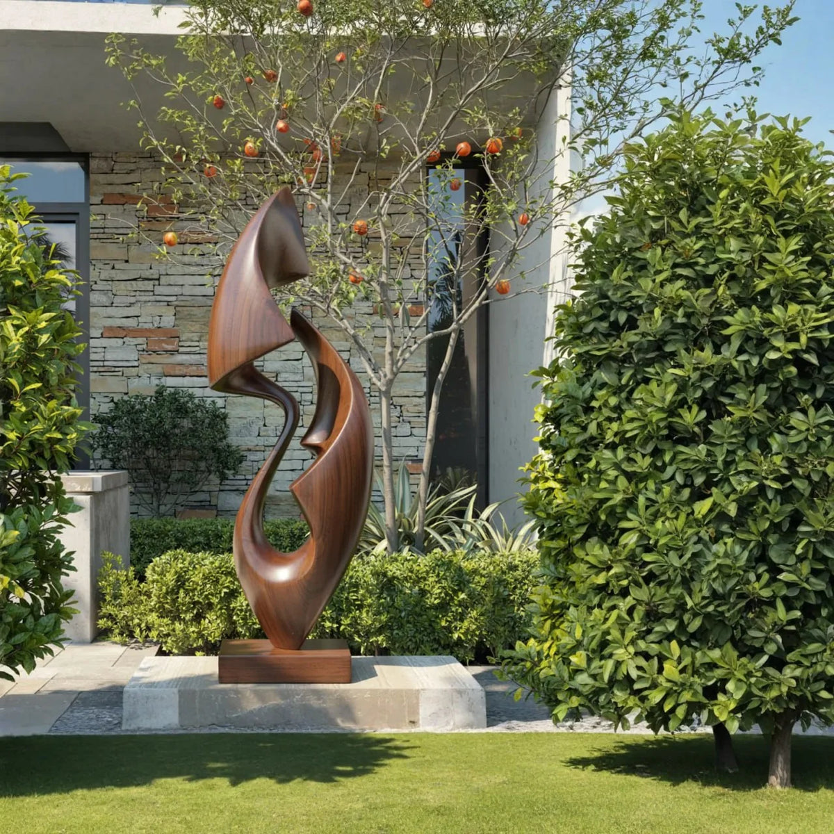 Organic Abstract Solid Wood Sculpture – Modern Decorative Art for Gardens and Contemporary Interiors