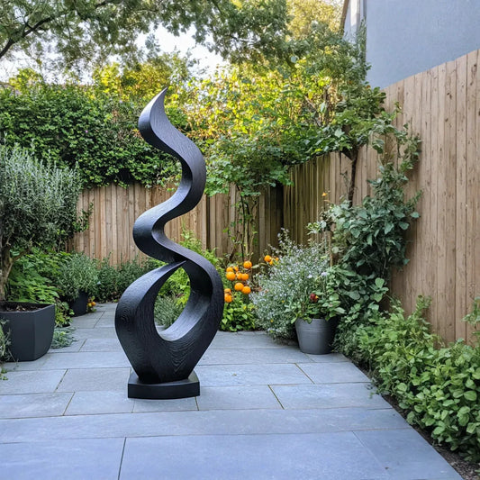 Outdoor Solid Wood Spiral Flame Sculpture – Modern Garden Art for Patios, Courtyards, and Landscapes
