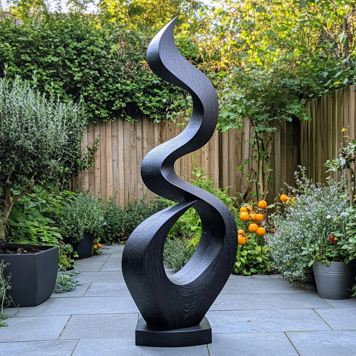 Outdoor Solid Wood Spiral Flame Sculpture – Modern Garden Art for Patios, Courtyards, and Landscapes