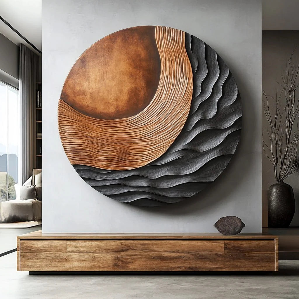 Handcrafted Solid Wood Wall Sculpture with Circular Relief and Flowing Wave Design