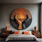 Solid Wood Wall Sculpture with Protective Hands and Rising Sun Relief Design