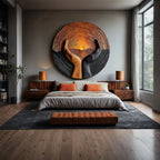 Solid Wood Wall Sculpture with Protective Hands and Rising Sun Relief Design