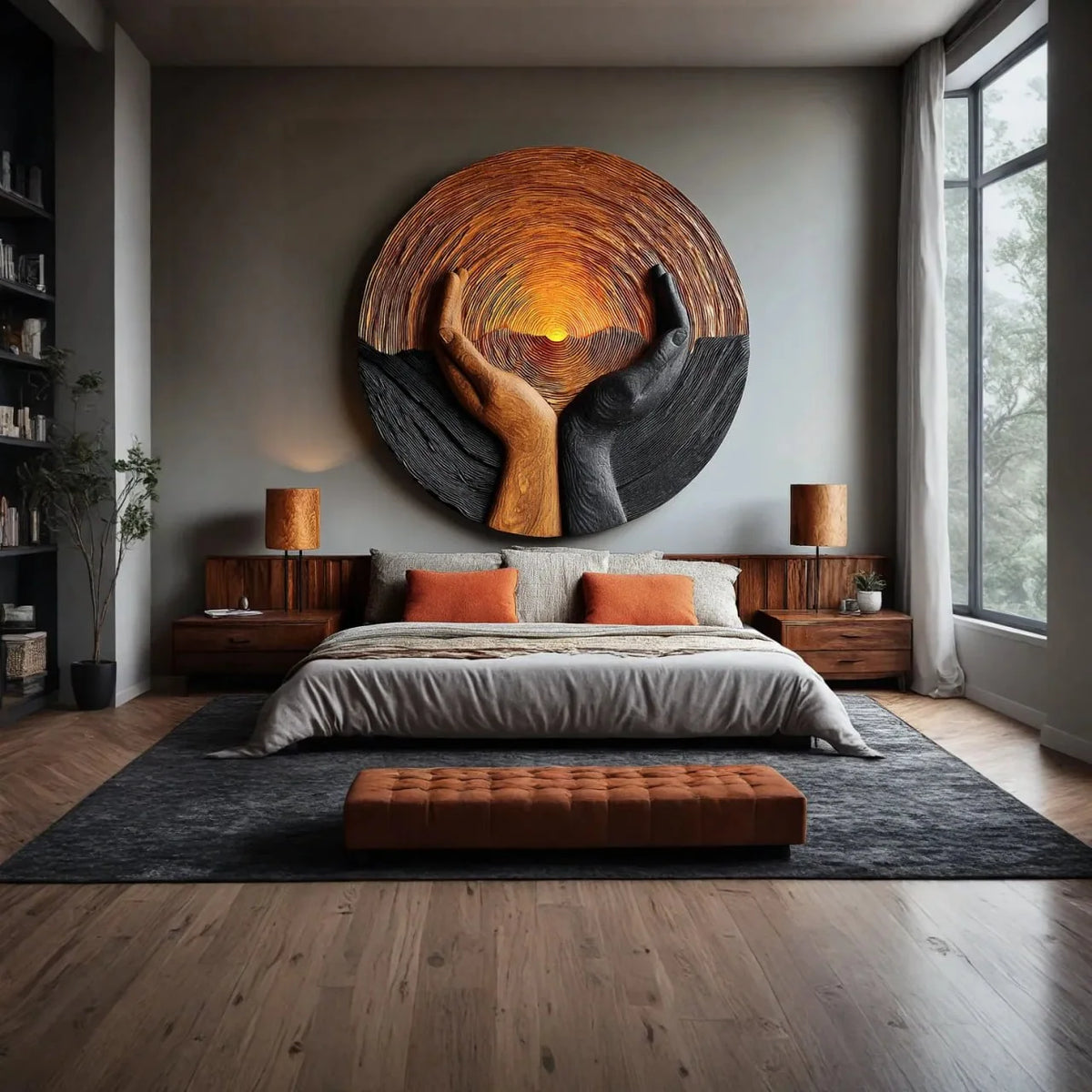 Solid Wood Wall Sculpture with Protective Hands and Rising Sun Relief Design