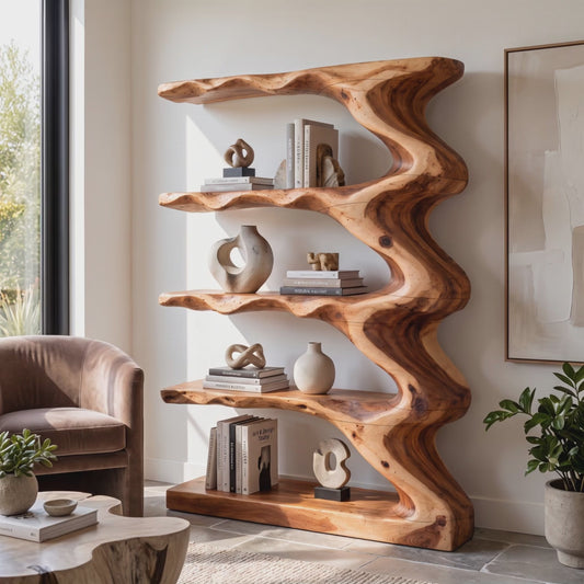 Wave Harmony – Organic Solid Wood Bookcase with Flowing Wave Shelves