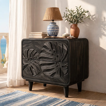 Handcrafted Solid Wood Nightstand with Intricate Tropical Leaf Carved Front