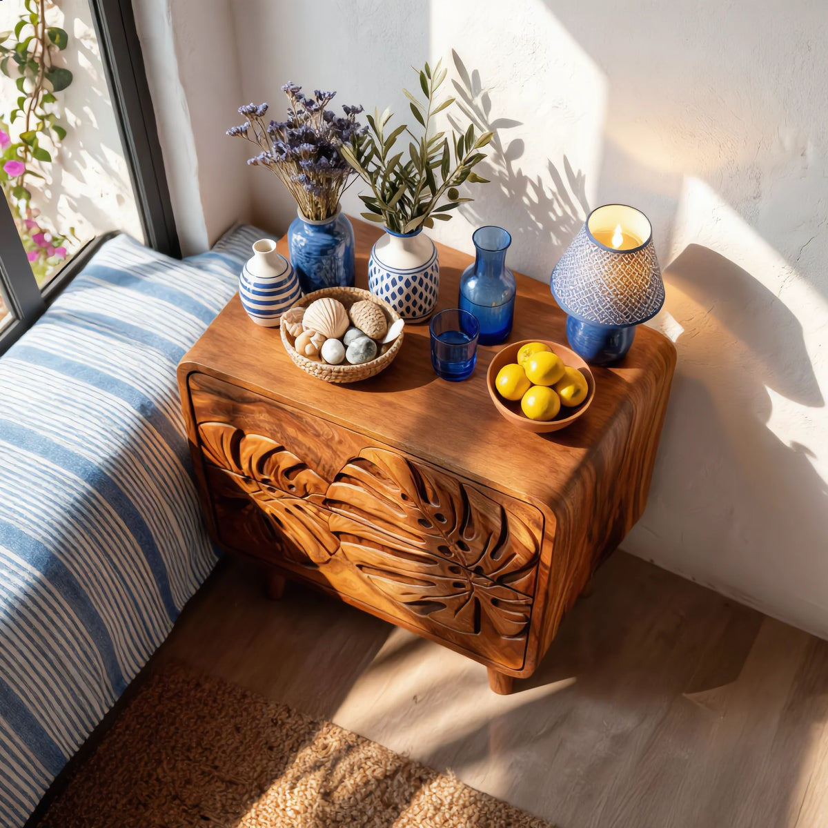Handcrafted Solid Wood Nightstand with Intricate Tropical Leaf Carved Front