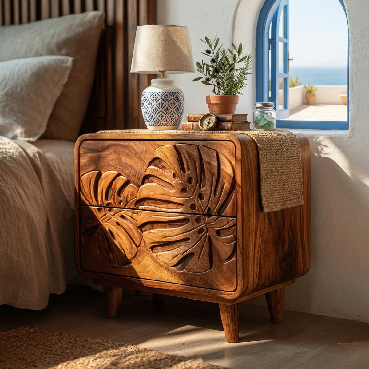 Handcrafted Solid Wood Nightstand with Intricate Tropical Leaf Carved Front