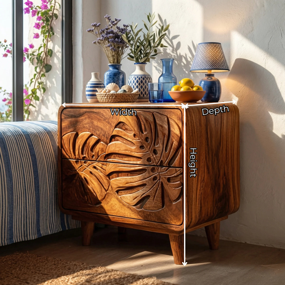 Handcrafted Solid Wood Nightstand with Intricate Tropical Leaf Carved Front