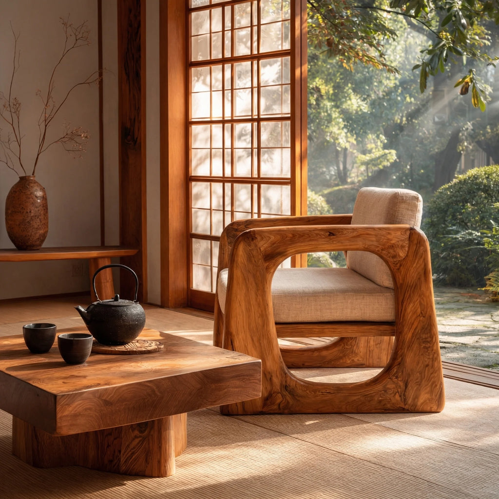 Sculpted Solid Wood Lounge Armchair for Reading Nooks