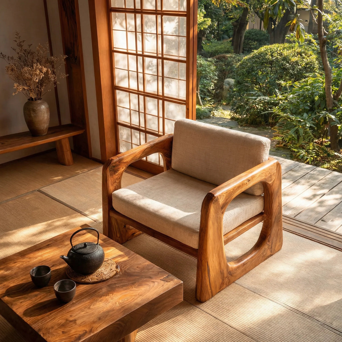 Sculpted Solid Wood Lounge Armchair for Reading Nooks