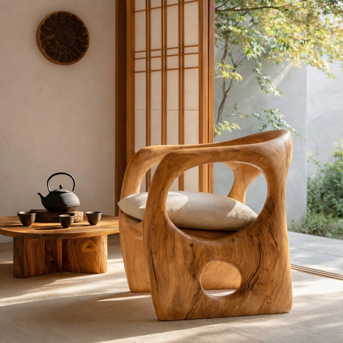 Hand-Carved Organic Solid Wood Lounge Chair