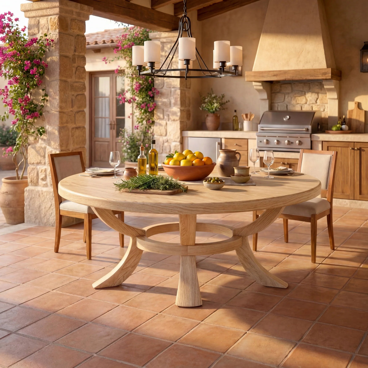 Large Round Solid Wood Dining Table with Sculptural Pedestal Base