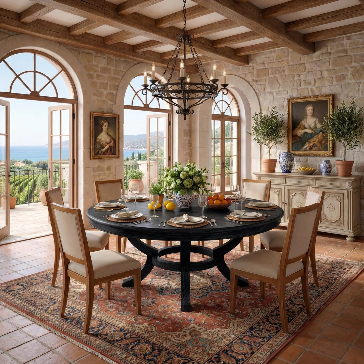 Large Round Solid Wood Dining Table with Sculptural Pedestal Base