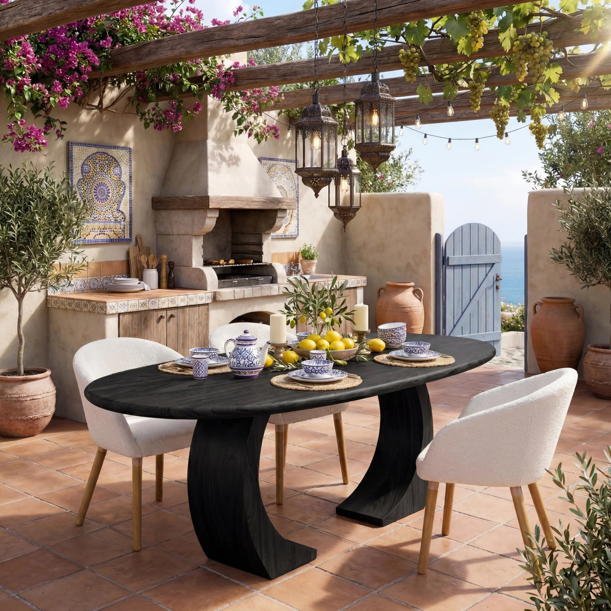 Oval Solid Wood Dining Table with Sculptural Curved Legs