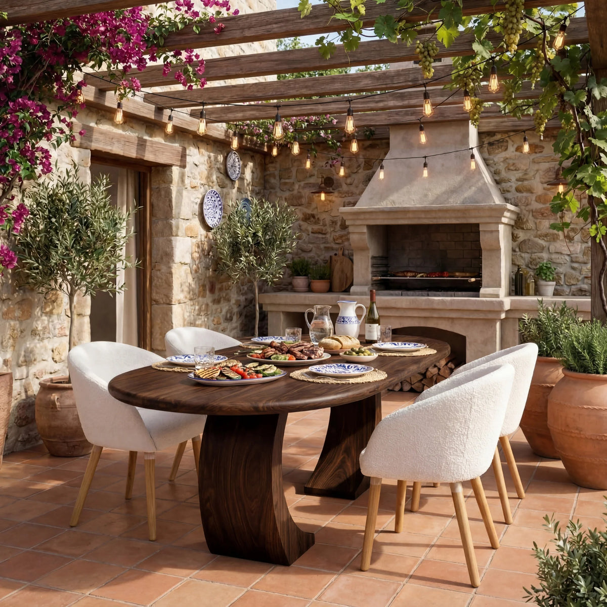Oval Solid Wood Dining Table with Sculptural Curved Legs