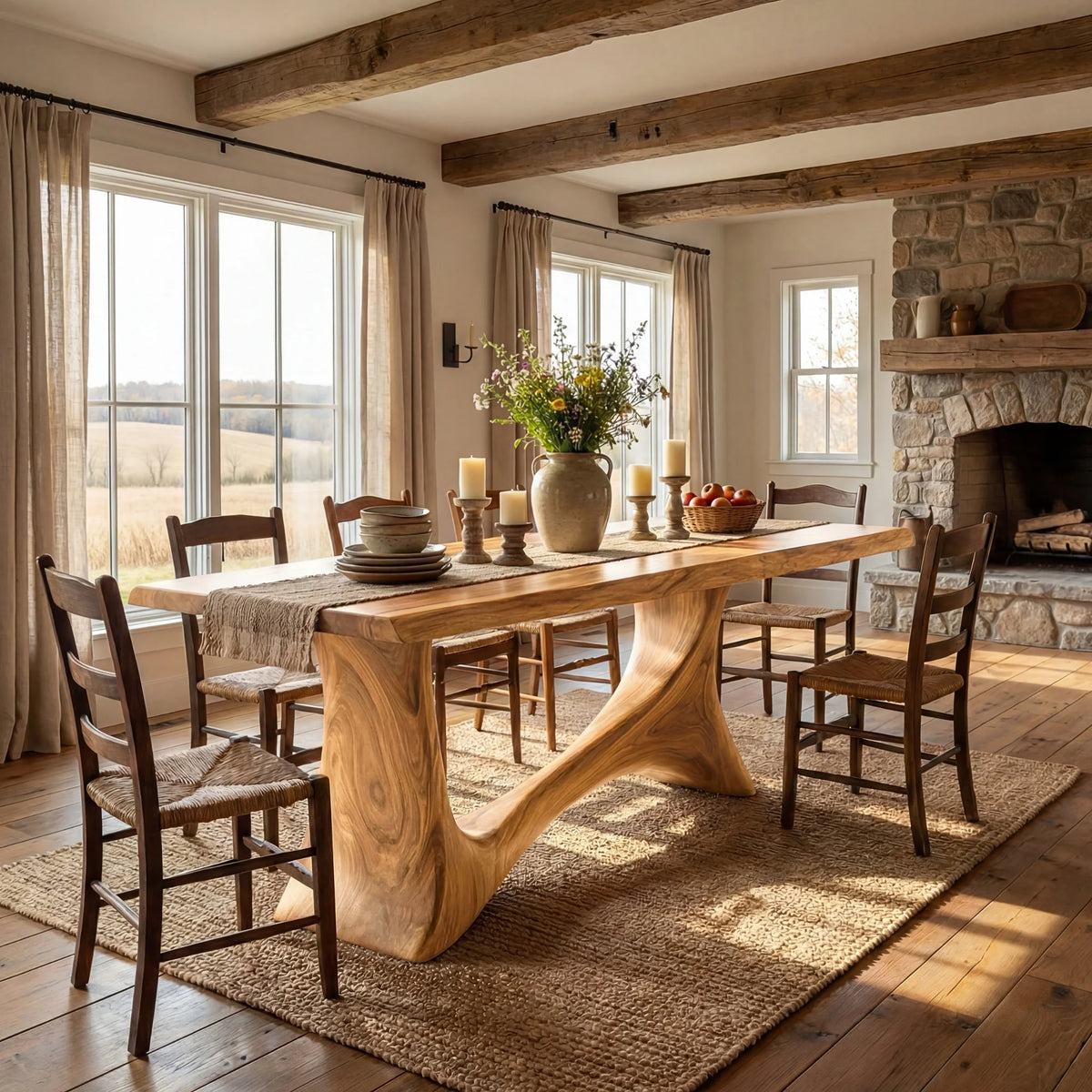 Live Edge Solid Wood Dining Table with Sculptural Base